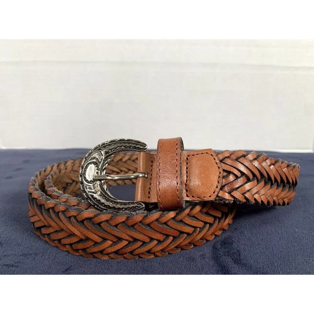 Vintage Womens Braided Belt Leather Brown Medium Solid Silver Tone Buckle Nice‎